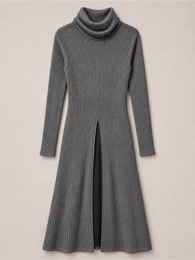 Cato Gray Ribbed Turtleneck Midi Dress Long Sleeve Side Slit Bodycon Small